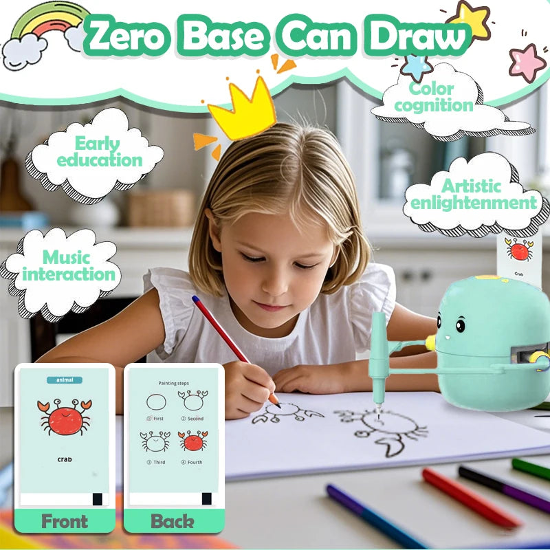 Drawing Robot for Kids, Interactive Educational Drawing Robot with Voice Interaction, Montessori Draw Learn  Toy with 100 Words