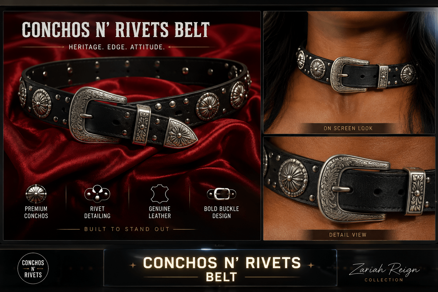 Conchos N' Rivets Belt - Ava Phillips Styles Collection, Organic Green Product for pets and Animation Moive Memorabilia.