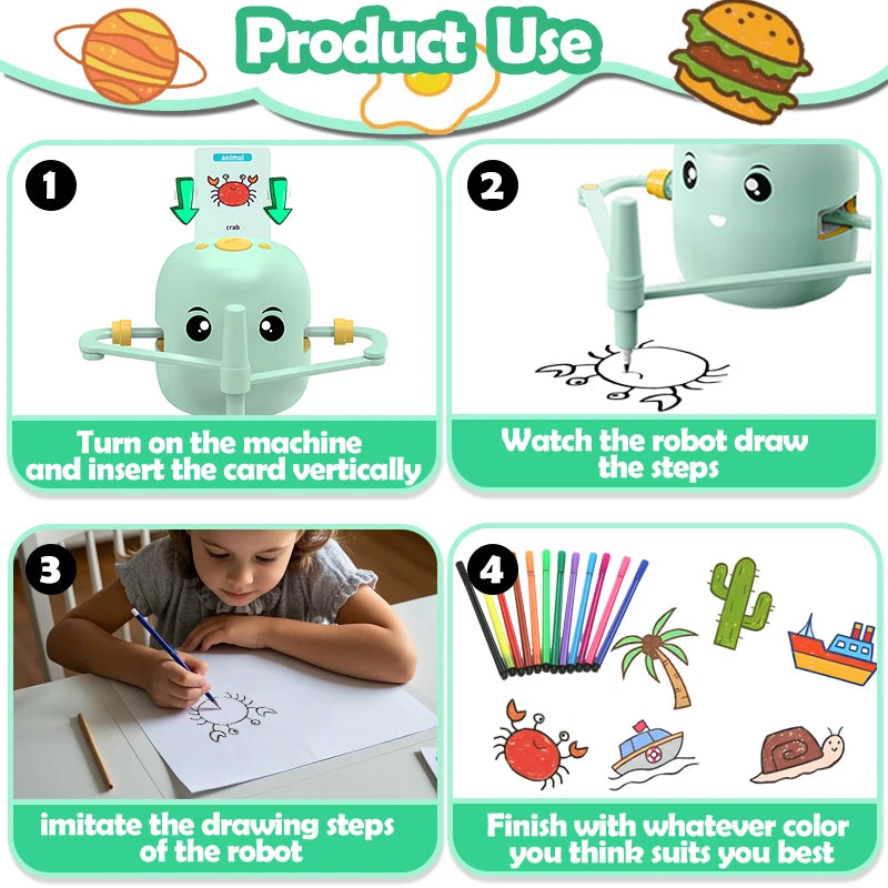 Drawing Robot for Kids, Interactive Educational Drawing Robot with Voice Interaction, Montessori Draw Learn  Toy with 100 Words