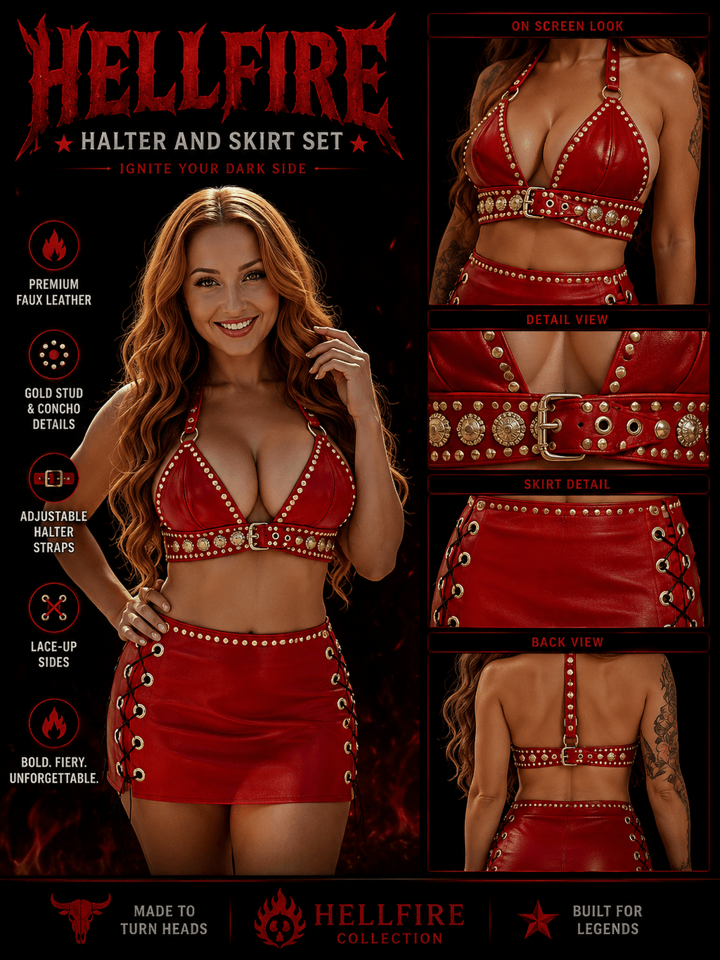 HELLFIRE HALTER AND SKIRT SET - Ava Phillips Styles Collection, Organic Green Product for pets and Animation Moive Memorabilia.